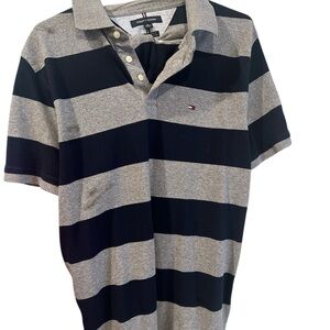 Tommy Hilfiger Men's Blue and Gray Striped Polo Shirt